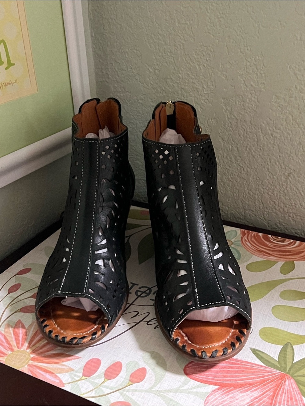 PIKOLINOS Romana Black Laser-Cut Peep-Toe Zipper Back, Wooden Heel 8.5